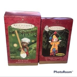 Set Of Hallmark Keep Sake Ornaments 1.Kiss The Cook 2. Clownin’ Around Crayola